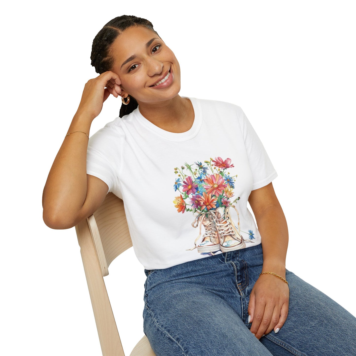 Floral Sneakers T-Shirt, Unisex Softstyle Tee, Boho Casual Shirt, Gift for Nature Lovers, Spring/Fall Fashion