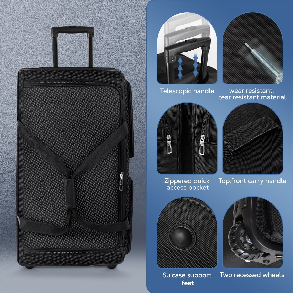 36" Rolling Duffle Bag with Wheels and Handle,Collapsible Duffle Bag with Rollers,Durable Polyester Large Wheeled Travel Bags for Women & Men,Black