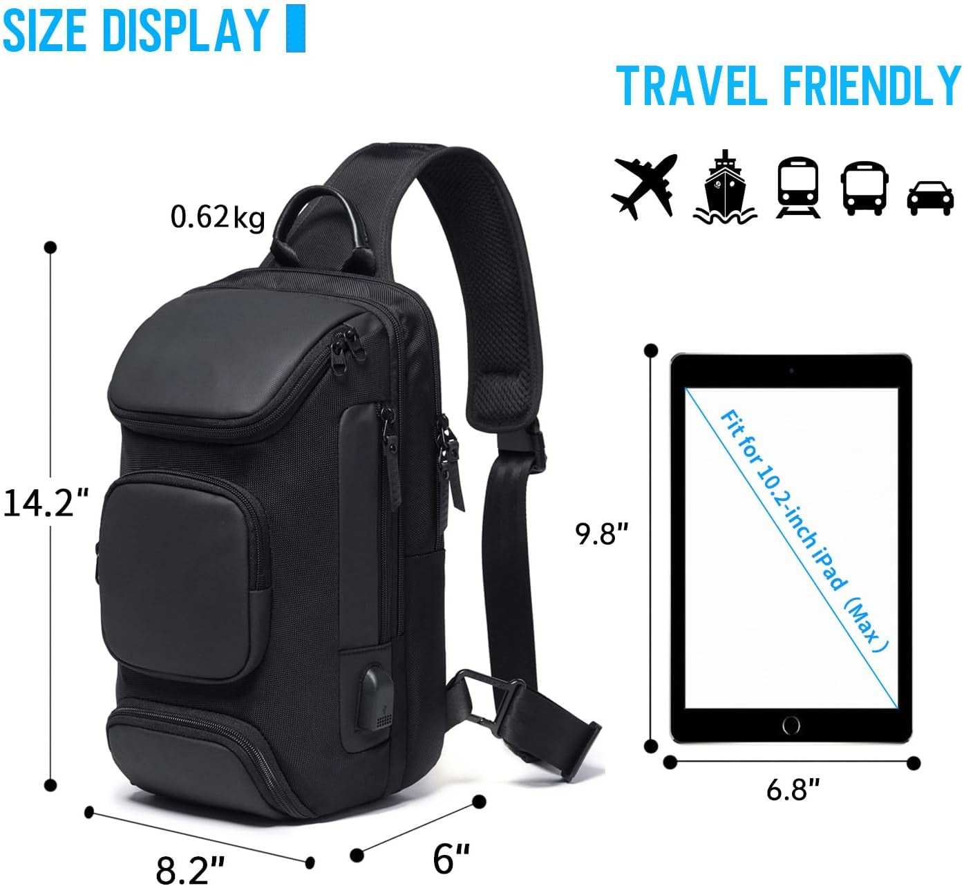 Sling Bag Crossbody for Men, 14.2 Inch anti Theft Waterproof Chest Shoulder Bag with USB Charging Port