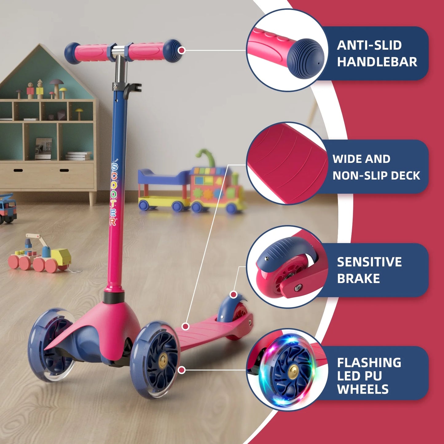 Kids Scooter Kick Scooter 3 Wheel Adjustable Height Light up LED Wheels for Kids Boys Girls Ages 2-5