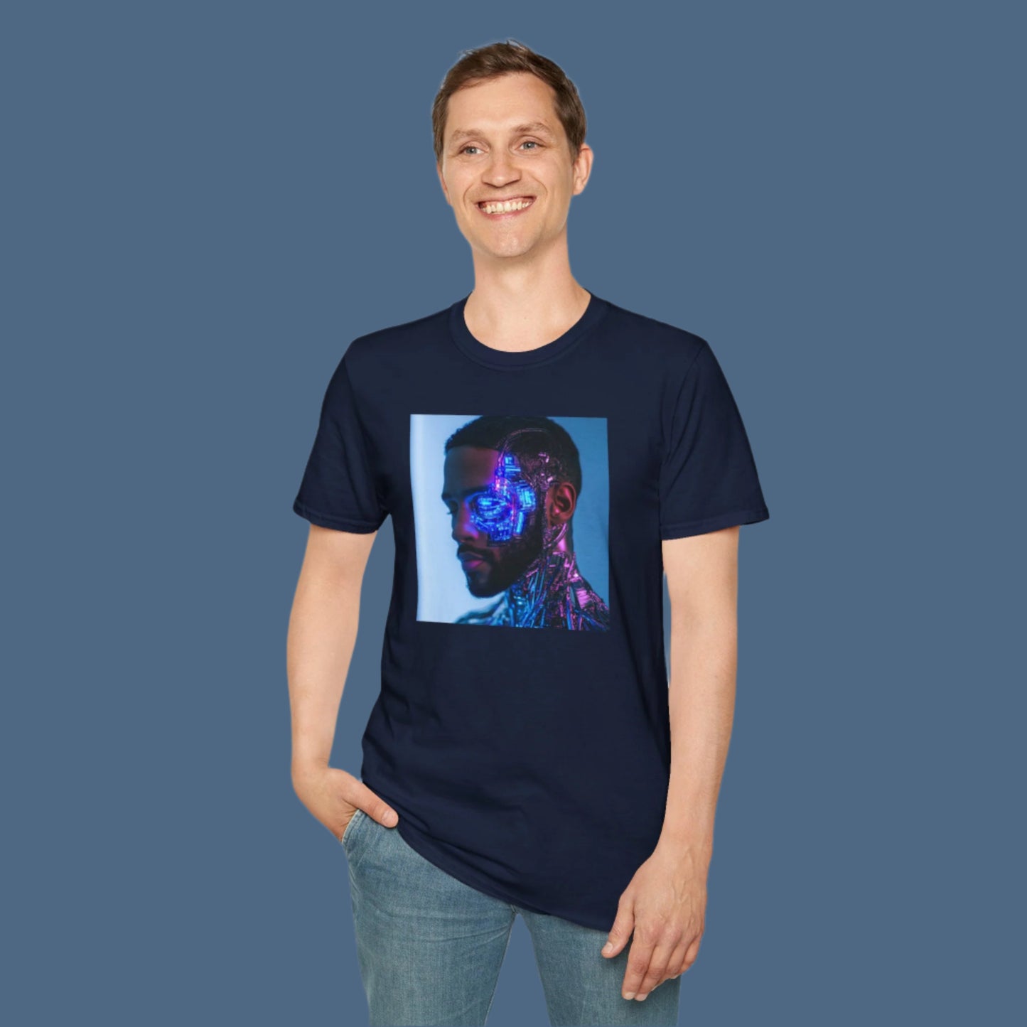 Futuristic Graphic T-Shirt - Unisex Softstyle Tee with Cybernetic Design