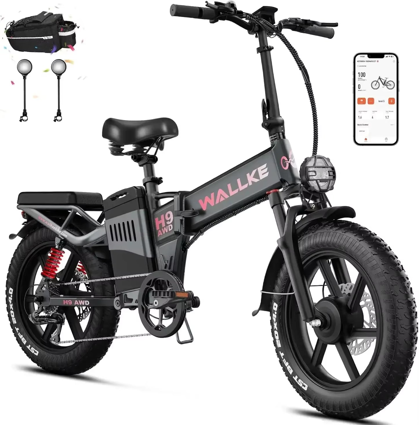 WALLKE H9 AWD Electric Bike 2000W Dual Motor Foldable E-Bike 40Ah/60Ah Electric Mountain Bike 20" Fat Tire City Commuter Ebike