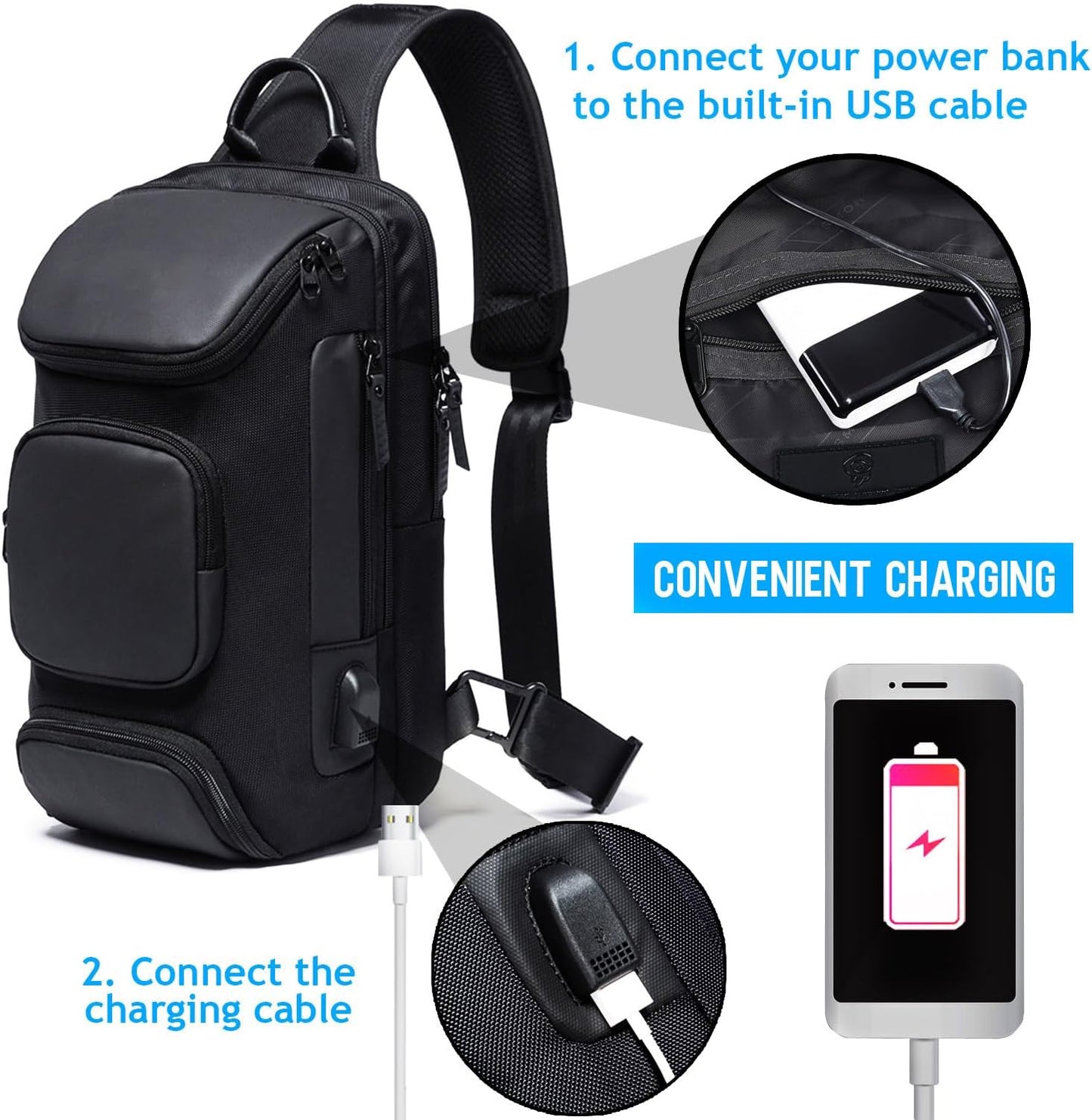 Sling Bag Crossbody for Men, 14.2 Inch anti Theft Waterproof Chest Shoulder Bag with USB Charging Port