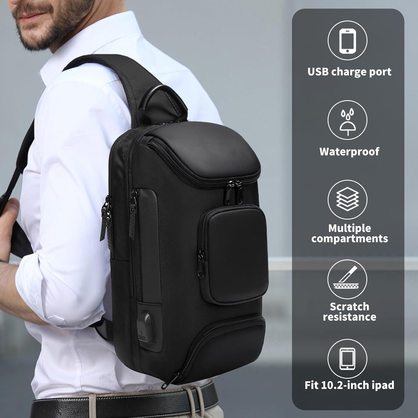 Sling Bag Crossbody for Men, 14.2 Inch anti Theft Waterproof Chest Shoulder Bag with USB Charging Port