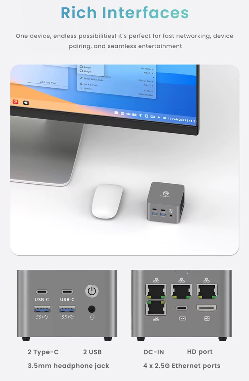Mini PC R3 5425U Windows 11 Pro DDR4 on Board 8GB WIFI BT 4X 2.5G LAN I226-V Desktop MINI PC Office Computer