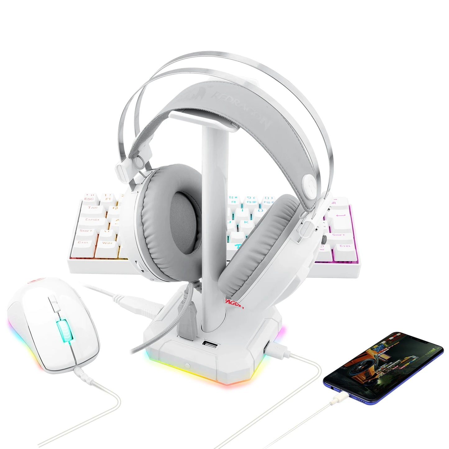 Stand RGB Backlit Aluminum Supporting Bar Non-Slip Solid Rubber Base 4X USB 2.0 for All Headphones