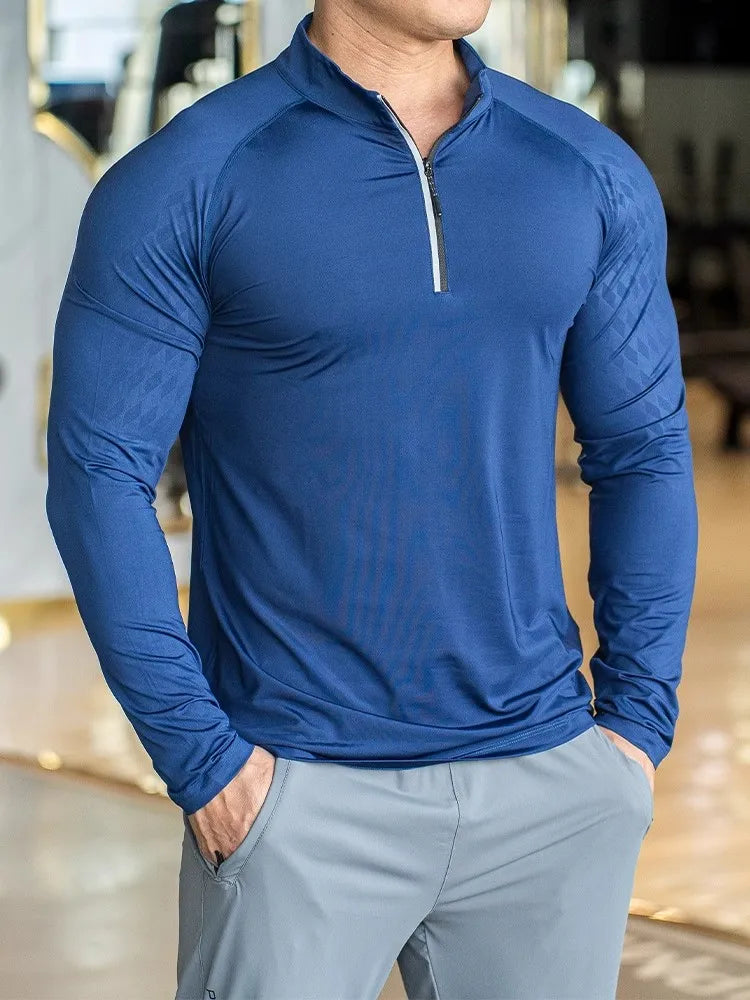 Men Shirt long Sleeve Tees elastic fit Sports training Fitness Quick dry Zip collar Polo T Shirt