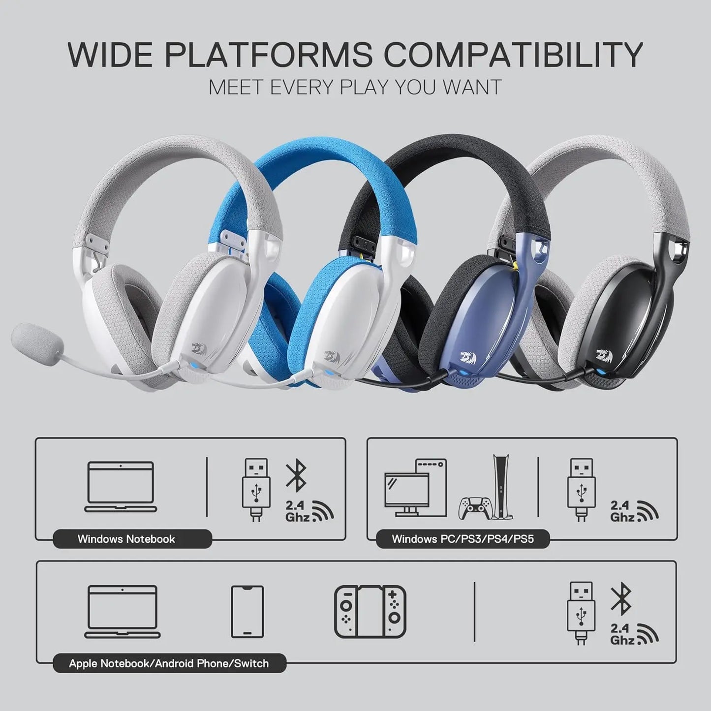 Redragon H878 Gaming Headset, 2.4Ghz/BT/Wired