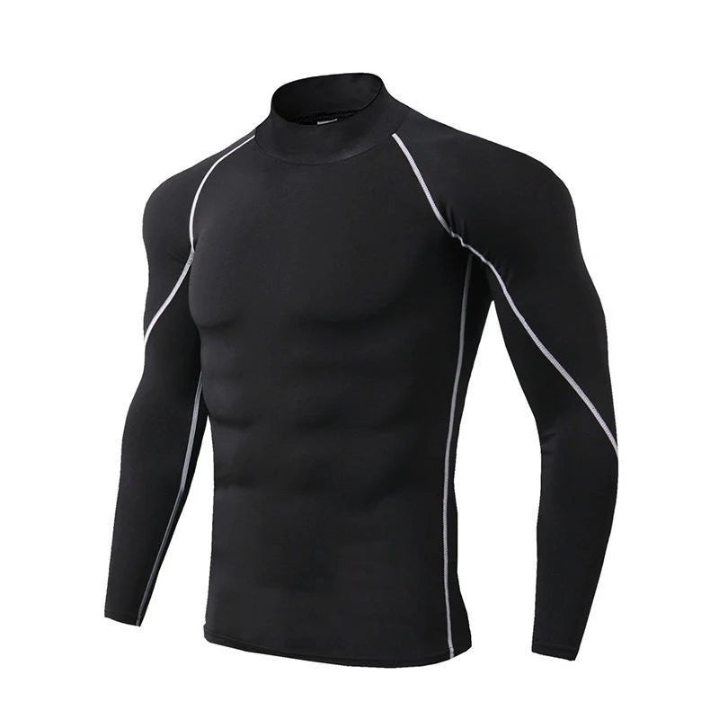 Men Compression Sport T Shirt Long Sleeve Fitness Shirt Man High Collar Bodybuilding Gym Top Quick Dry Football Running T Shirts