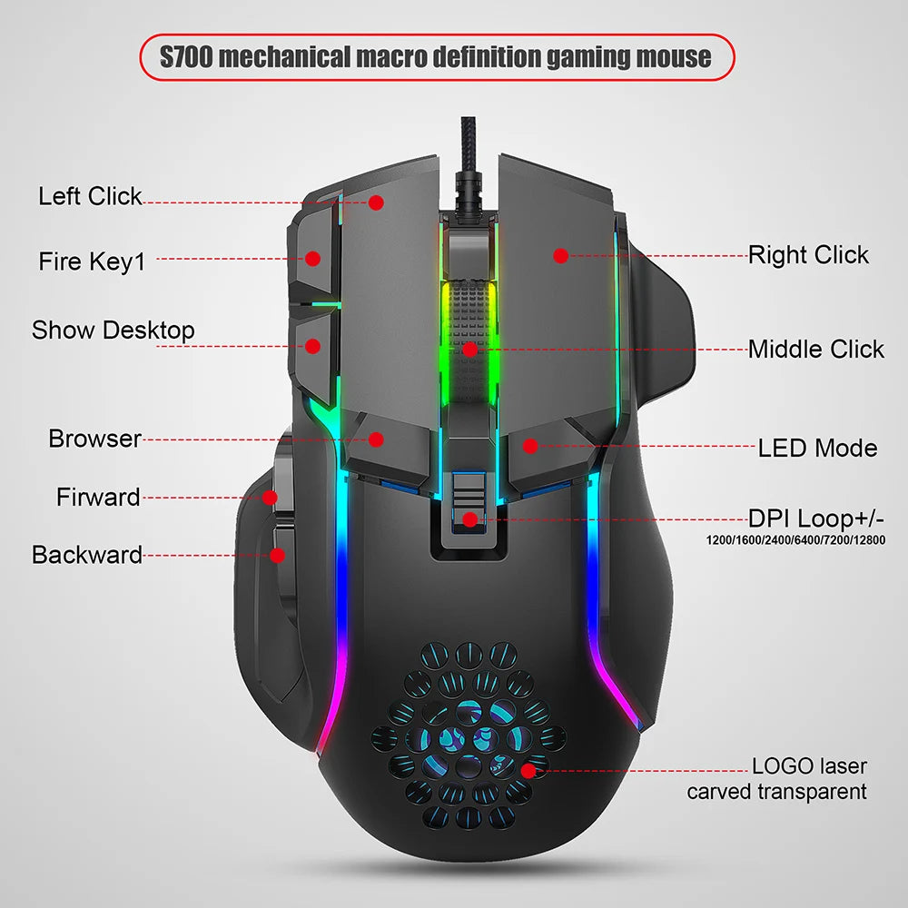 RGB Backlight Mause Gamer 10 Buttons Programming 7200dpi