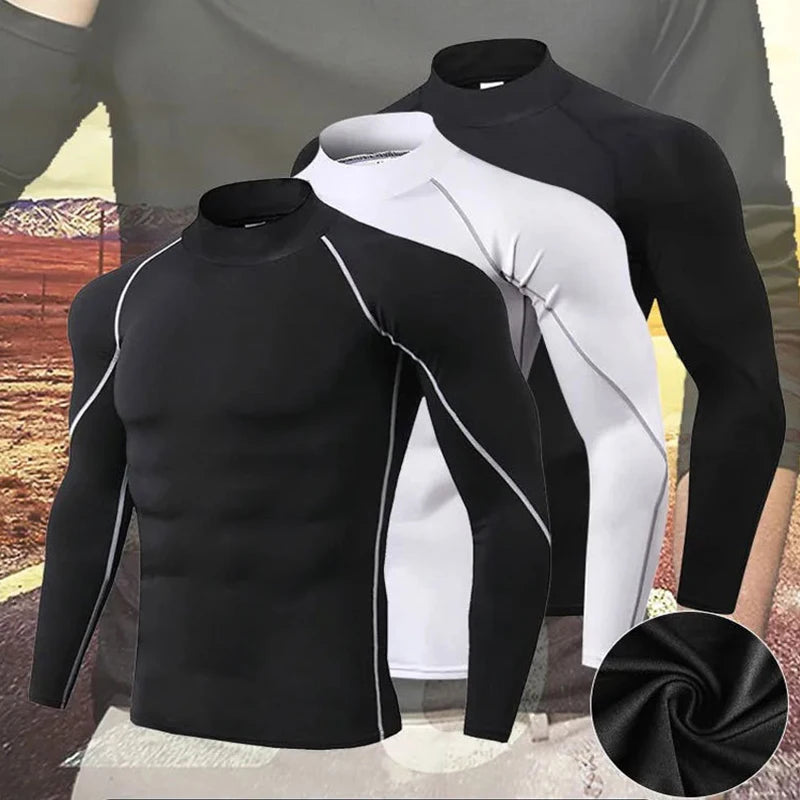 Men Compression Sport T Shirt Long Sleeve Fitness Shirt Man High Collar Bodybuilding Gym Top Quick Dry Football Running T Shirts