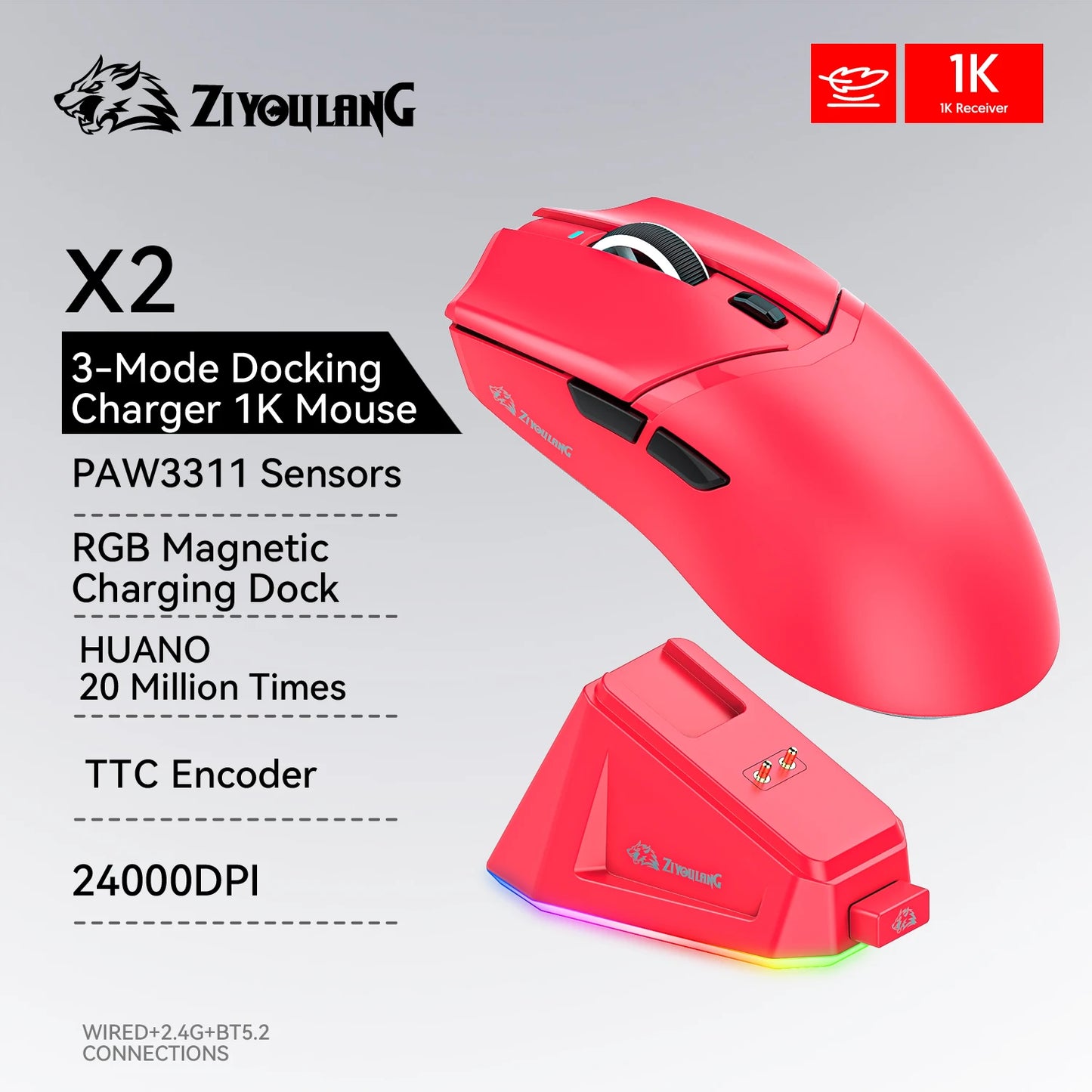 2.4G/BT/Wired Ultra-light Magnetic Charging Dock Gaming Mouse