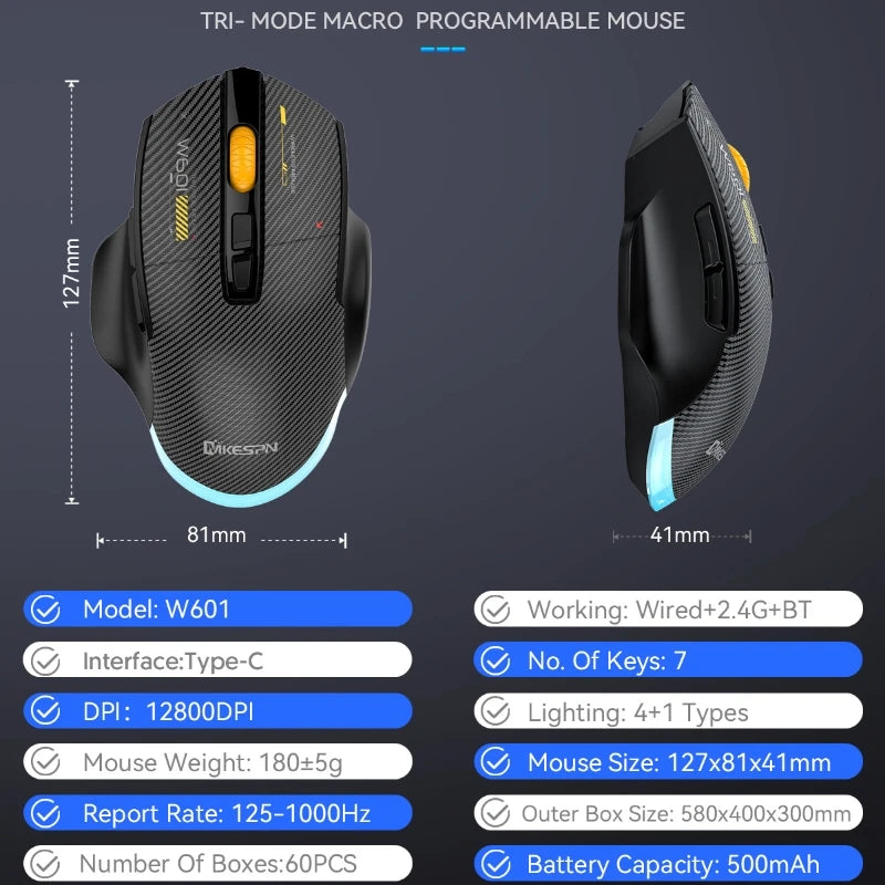 2.4G Wireless Bluetooth Wired Tri-mode Mouse Mute Button Macro Programming Carbon Fiber Gaming Mouse 500mAh 7 Keys