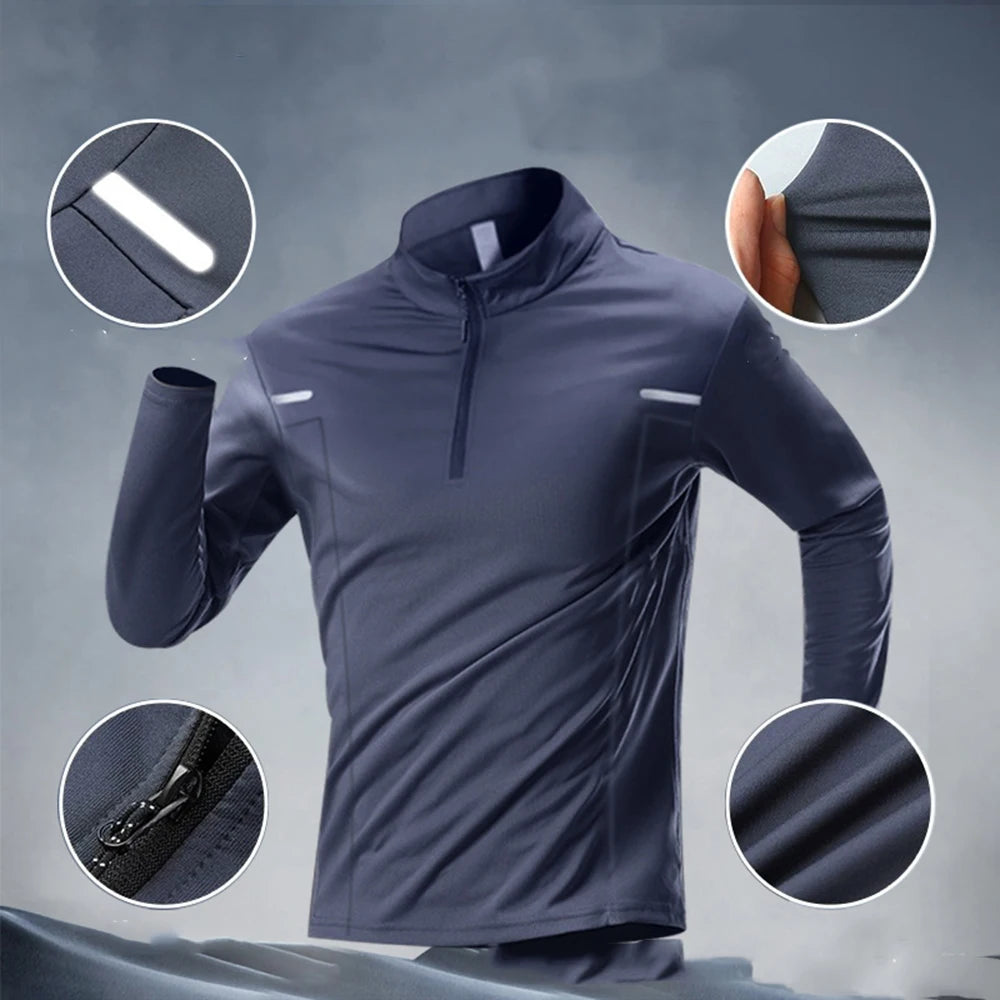 Outdoor Sport Men's Long Sleeve t-Shirts Zipper High Collar Dry Fit Running Cloth Autumn Breathable Casual Top Trend Sportswear