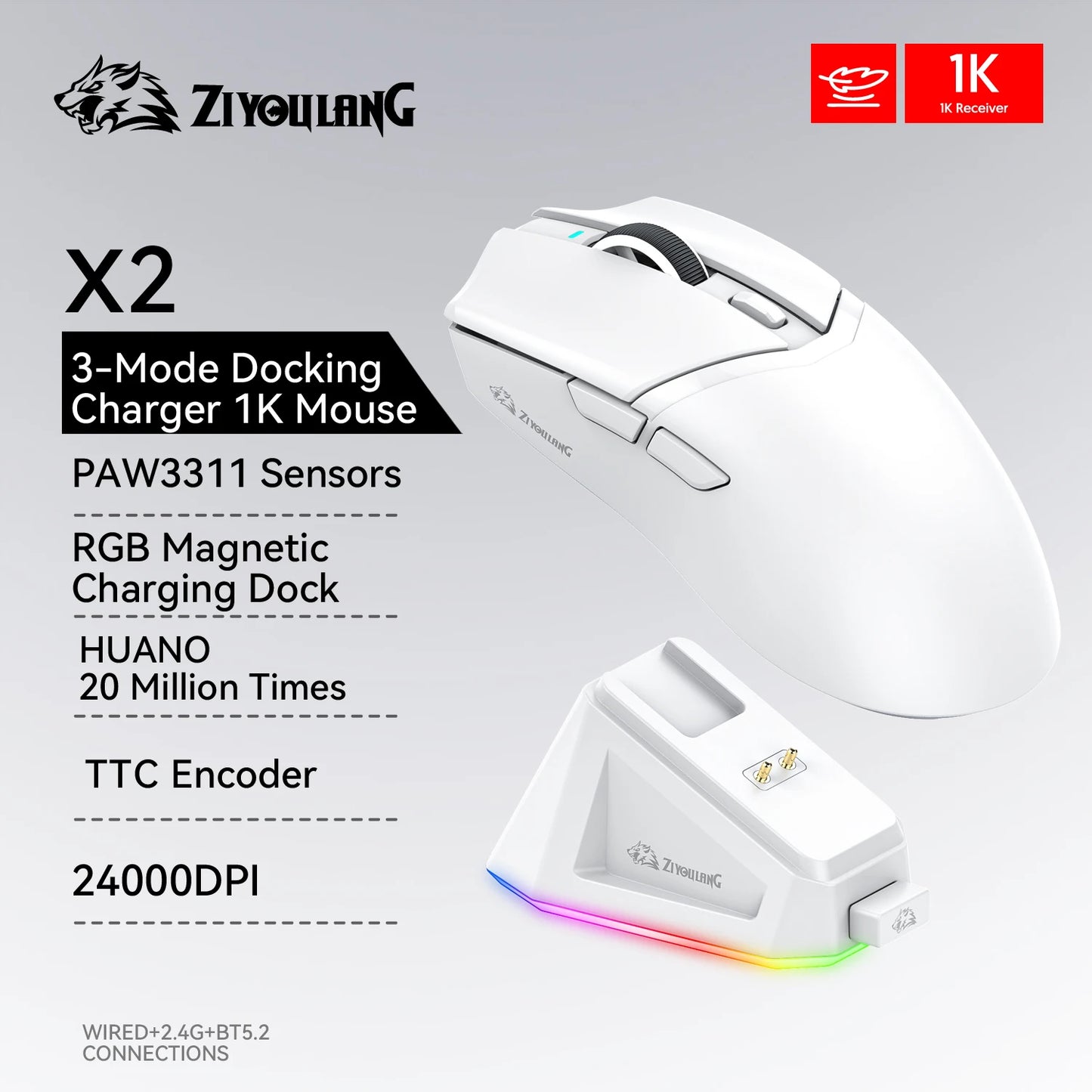 2.4G/BT/Wired Ultra-light Magnetic Charging Dock Gaming Mouse