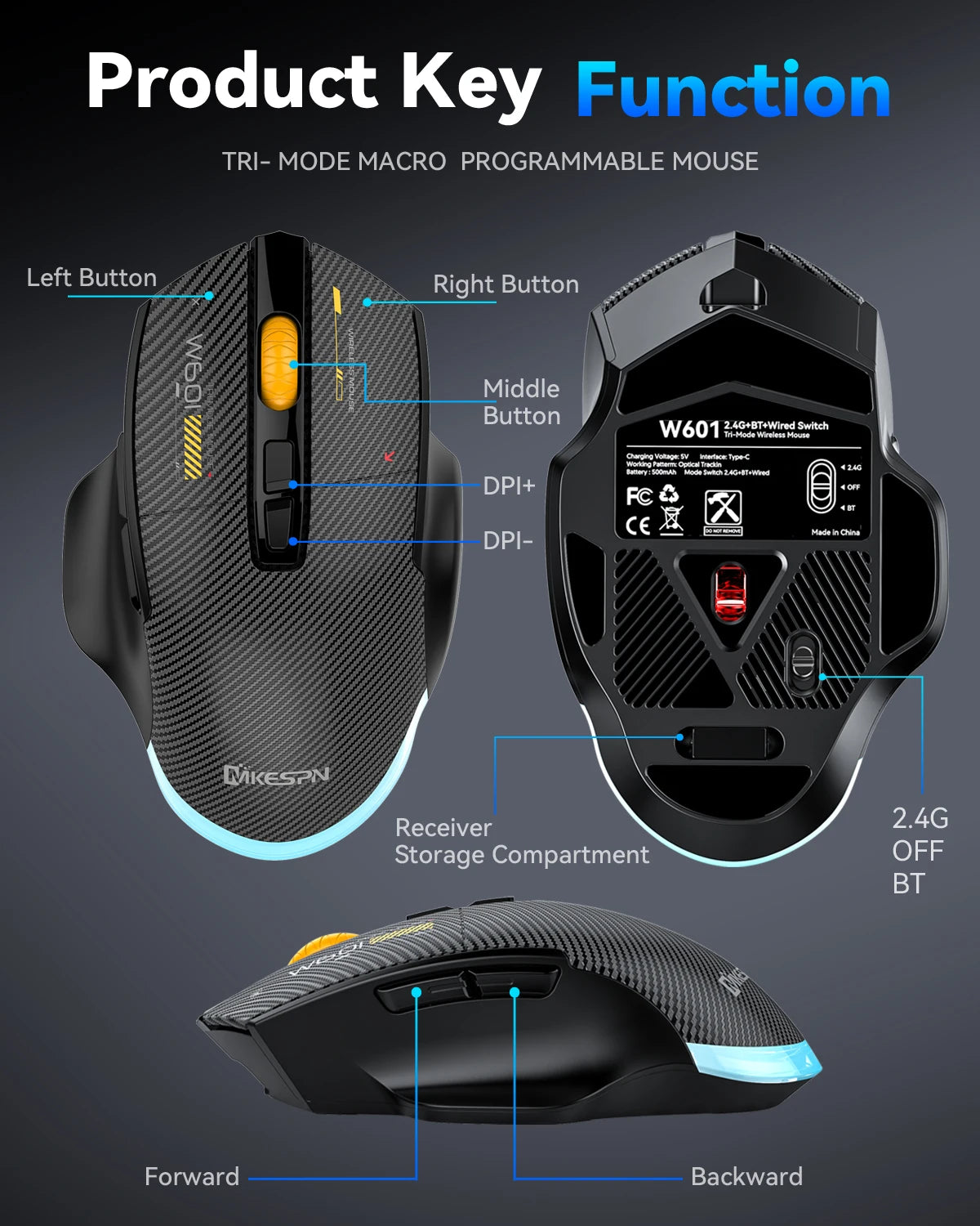 2.4G Wireless Bluetooth Wired Tri-mode Mouse Mute Button Macro Programming Carbon Fiber Gaming Mouse 500mAh 7 Keys