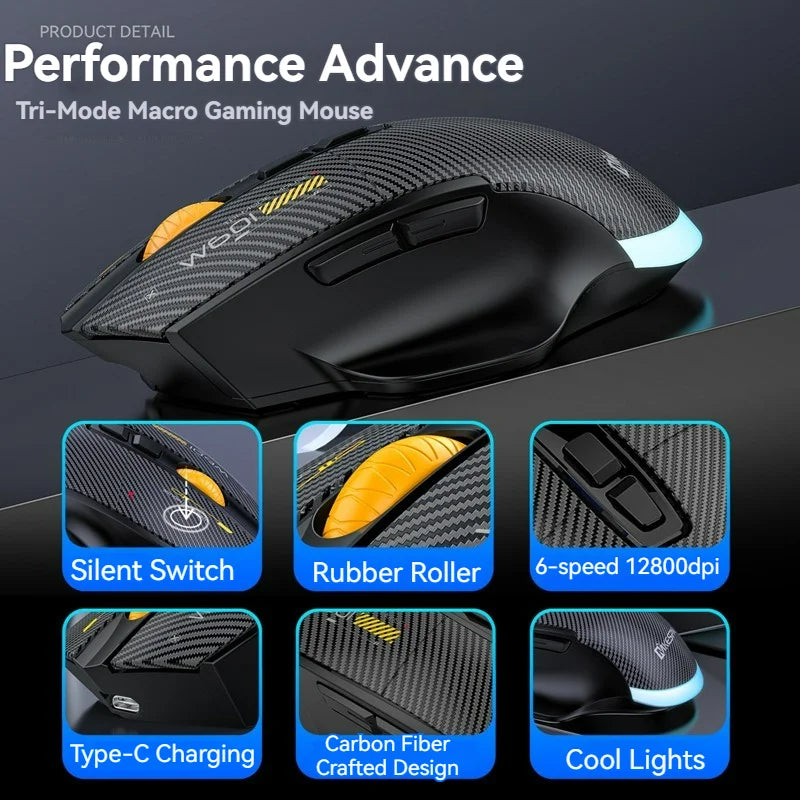 2.4G Wireless Bluetooth Wired Tri-mode Mouse Mute Button Macro Programming Carbon Fiber Gaming Mouse 500mAh 7 Keys