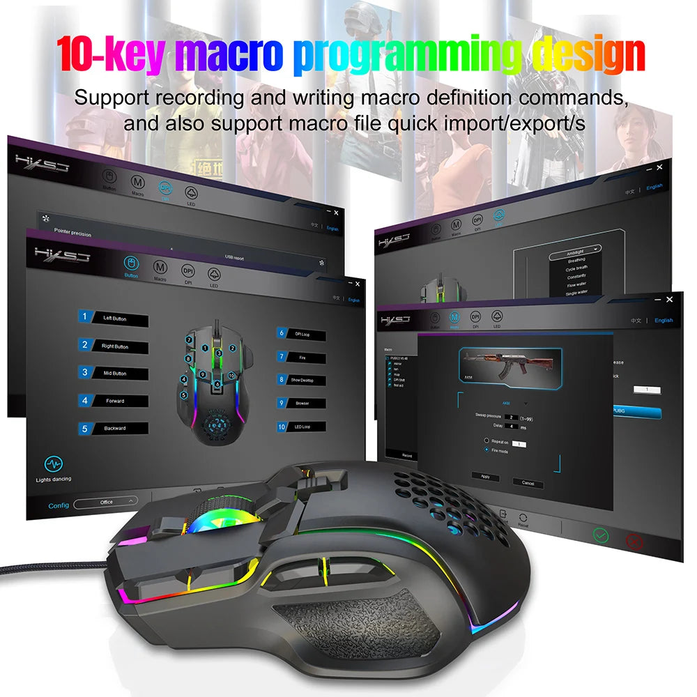 RGB Backlight Mause Gamer 10 Buttons Programming 7200dpi