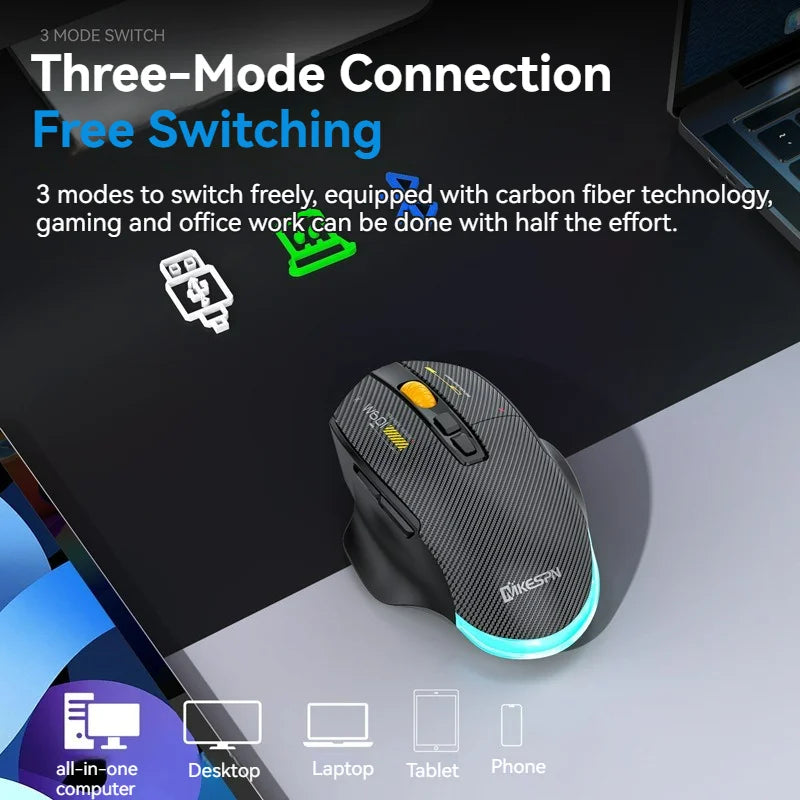 2.4G Wireless Bluetooth Wired Tri-mode Mouse Mute Button Macro Programming Carbon Fiber Gaming Mouse 500mAh 7 Keys