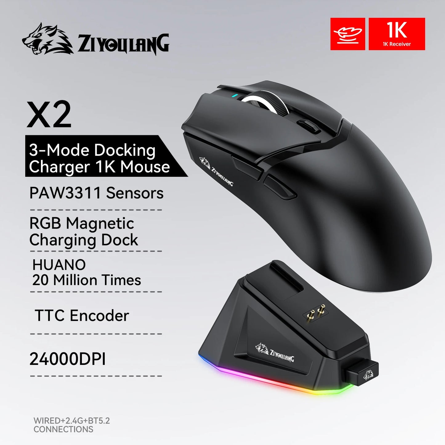 2.4G/BT/Wired Ultra-light Magnetic Charging Dock Gaming Mouse