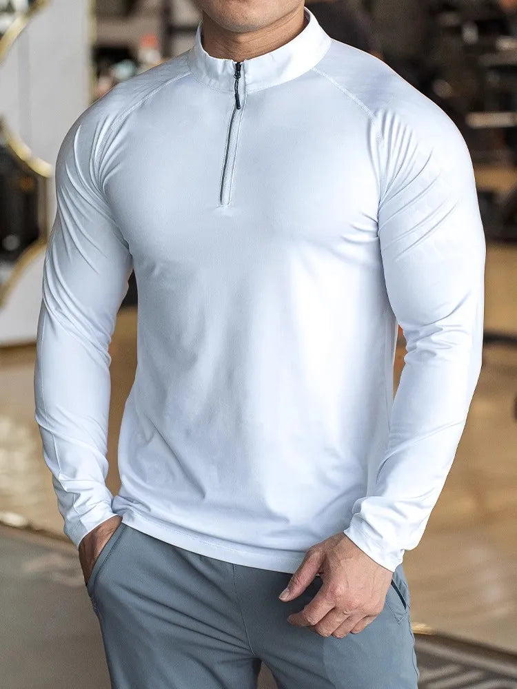 Men Shirt long Sleeve Tees elastic fit Sports training Fitness Quick dry Zip collar Polo T Shirt