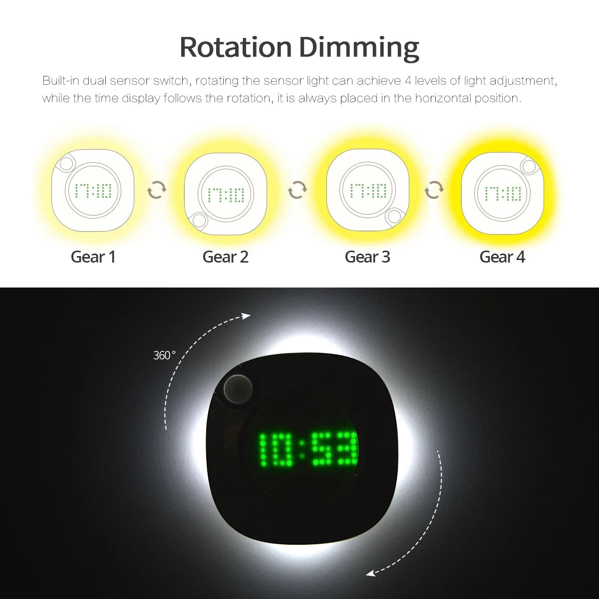 Smart Home LED Clock 360° Auto-Rotate Time Display Motion Sensor