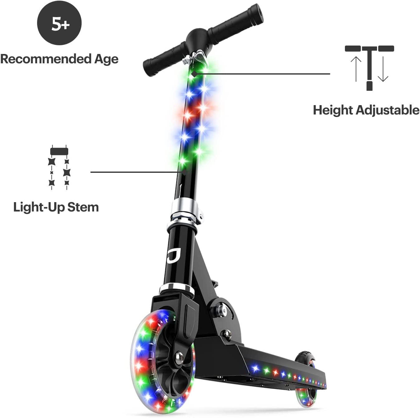 2-Wheel Light-Up Kick Scooter, Light up Deck and Wheels, Height Adjustable Handlebar, Rear Brake, Easy-Folding Mechanism, 4 or 6 Inch Wheels