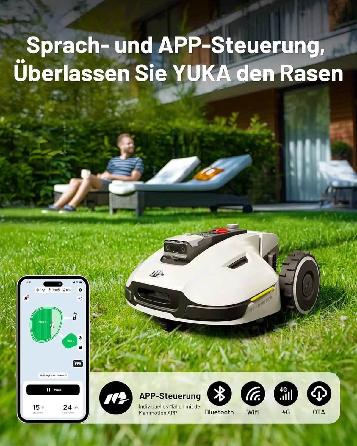 YUKA 1500 Robot Lawn Mower(2024 Version), 3D Vision & RTK Technology Fusion Mapping System for 0.37 Acres Lawn 45% Slope