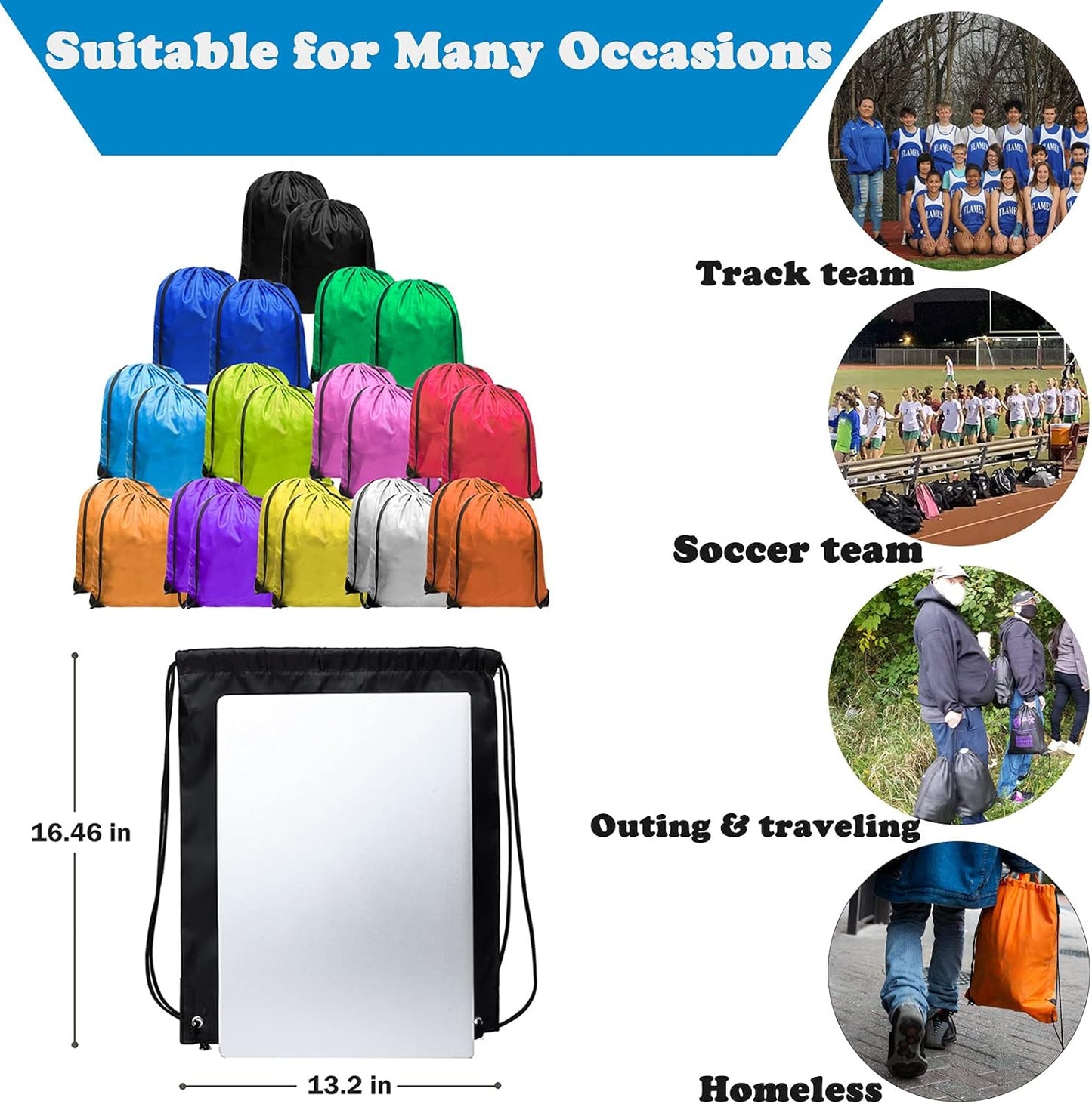 48-Pack Drawstring Backpack Nylon Backpack Lightweight Draw String Sports Bags in Bulk Gym Cinch Sack Heavy-Duty Plain Goodie Bags for Soccer, Track Team, Blessing Bags for Homeless