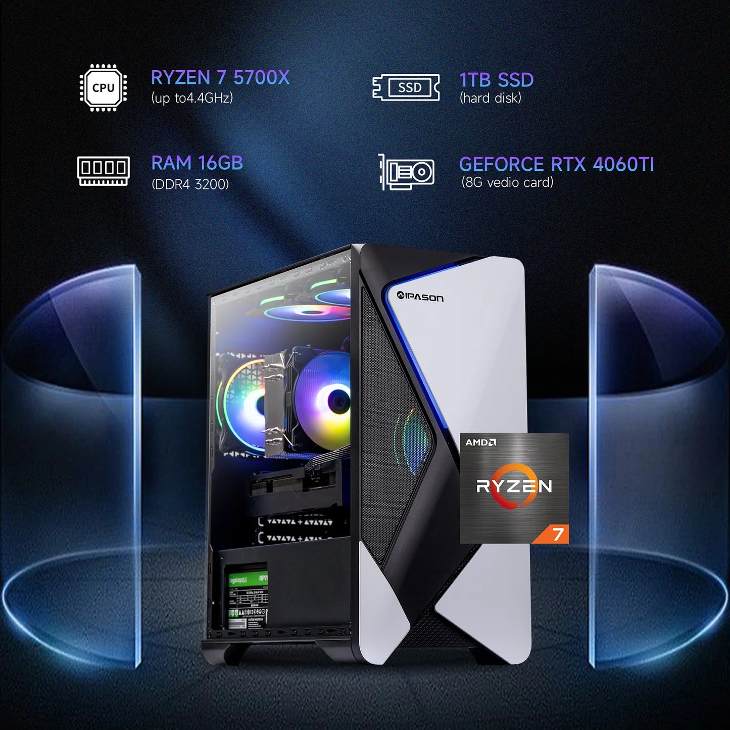 Gaming PC, AMD Ryzen 7 5700X,RTX 4060Ti, 16GB RAM, 1TB Ssd,Windows 11,Desktop PC