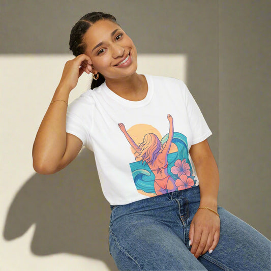 Beach Vibes Unisex Softstyle T-Shirt, Summer Tee, Casual Wear, Vacation T-Shirt, Gift for Her, Tropical Graphic Tee
