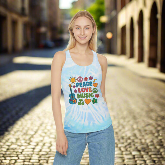 Peace Love Music Tie Dye Racerback Tank Top - Bohemian Summer Style