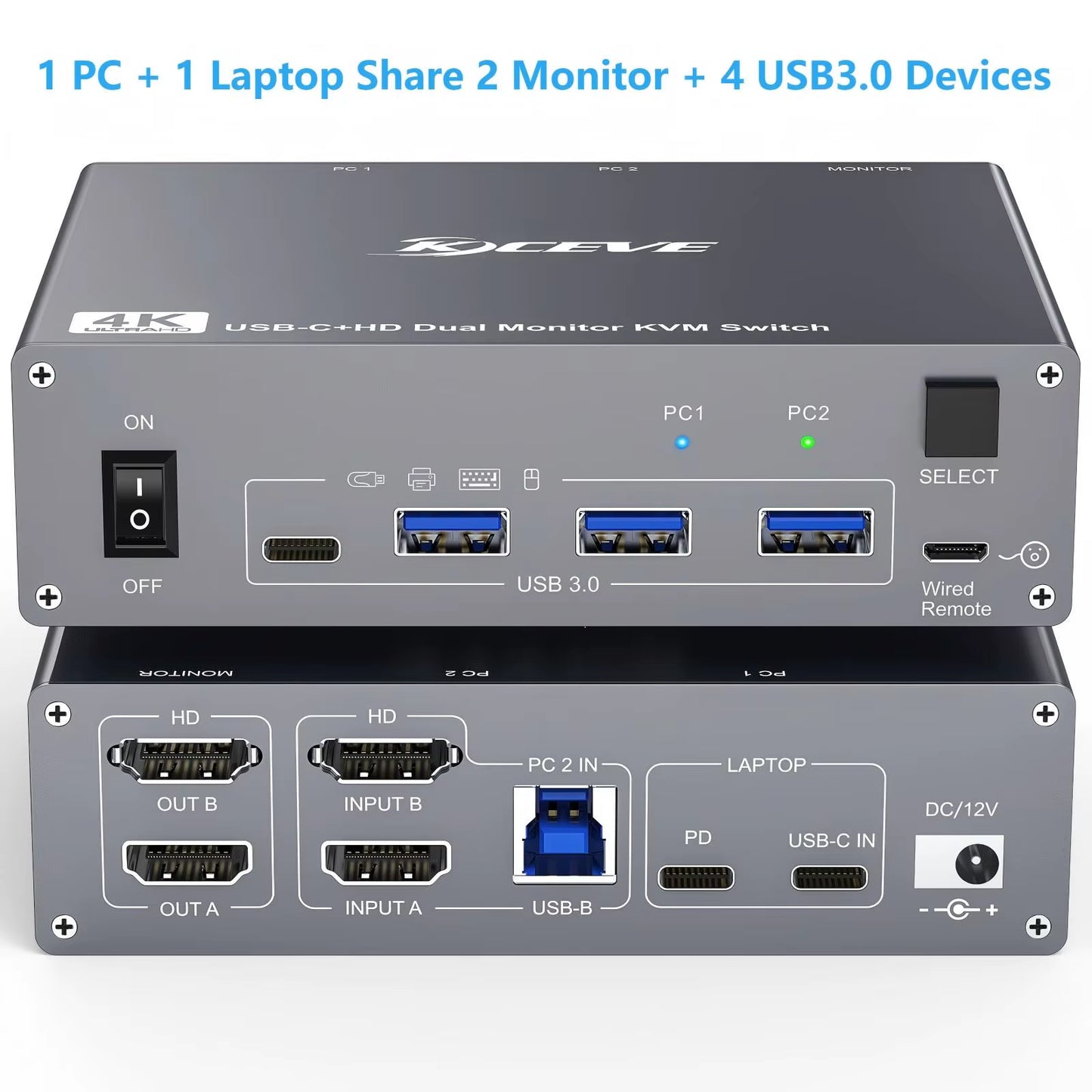 USB C KVM Switch 4K/1080P@60Hz,Usb C HDMI Dual Monitor KVM Switch for PC /Laptop Sharing 2 Monitor and 4 USB3.0 Devices, 100W PD