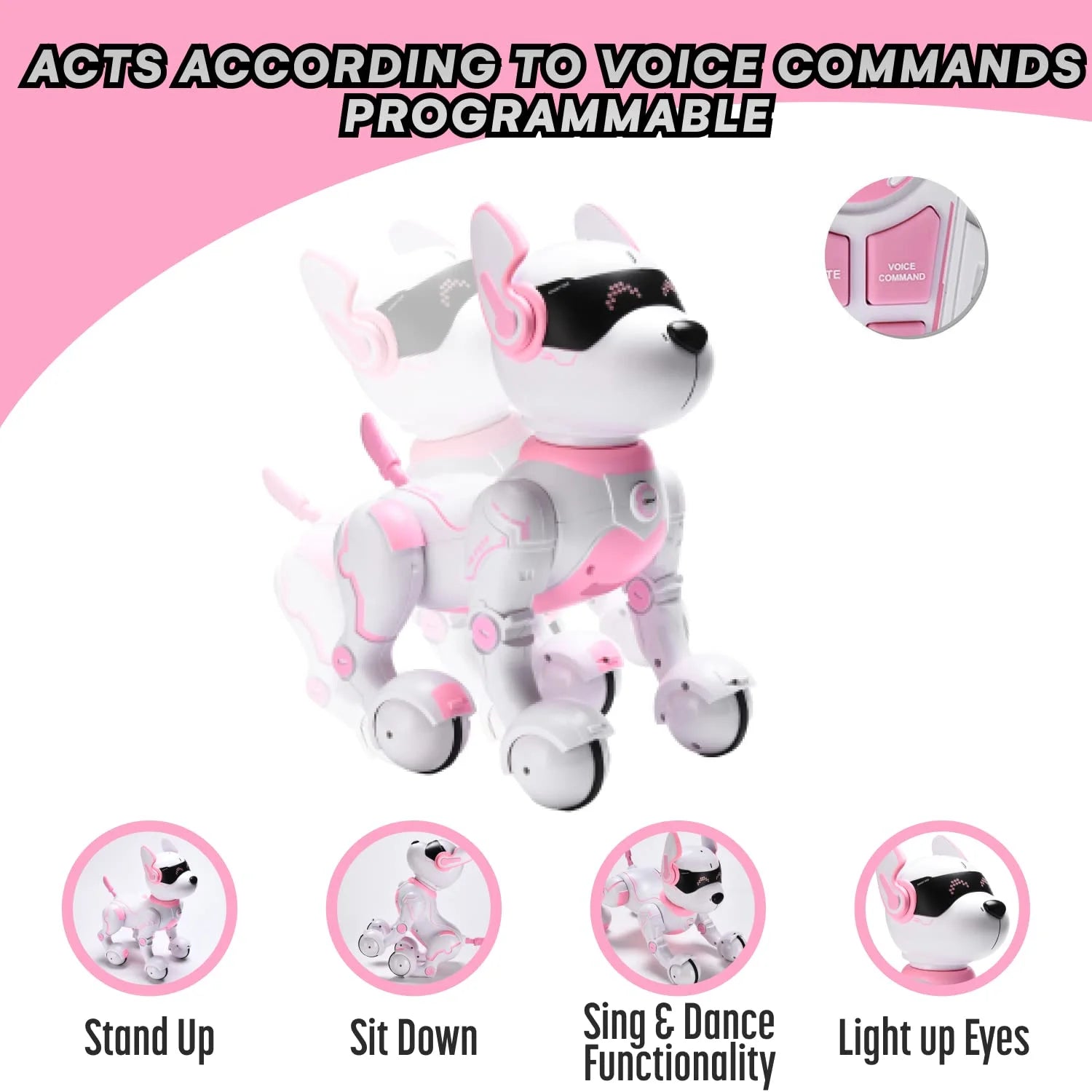 Remote Control Robot Dog Toy Touch Edition - Pink, Voice Control, Kids 3-10Y