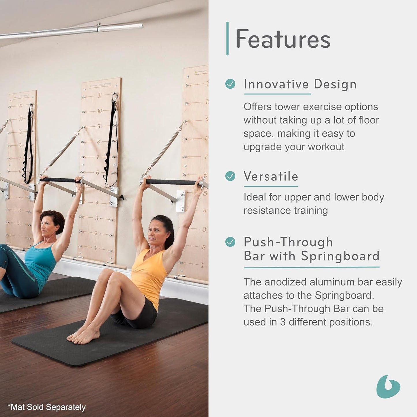 Pilates Springboard with Push-Through Bar, Wall Mounted Pilates Workout Equipment for Home Gym or Studio Use, Pilates Exercise Equipment with Resistance Springs
