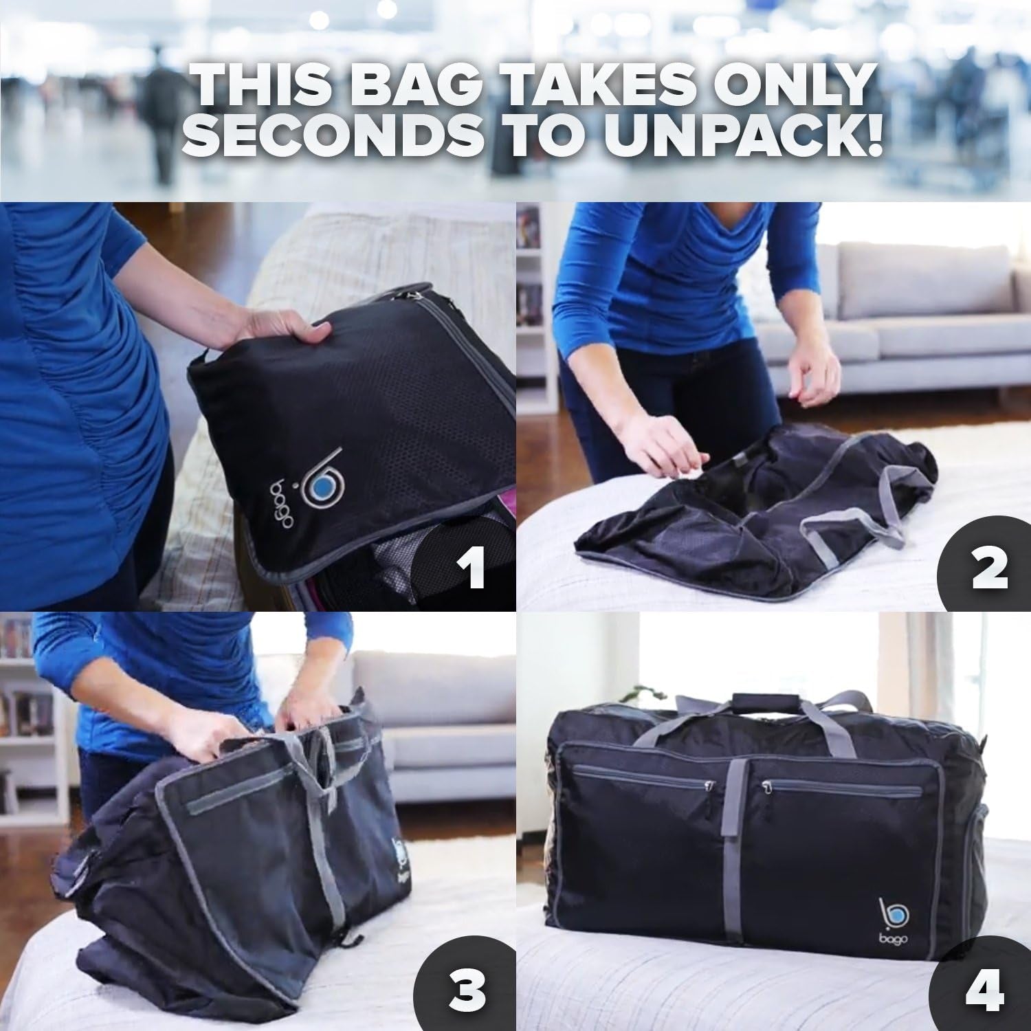 Large Foldable Duffel Bags for Traveling Women & Men - 100L Packable Duffle Bag for Travel with Shoe Compartment - Water Repellant, Heavy Duty, Lightweight Folding & Collapsible (Snowblack)