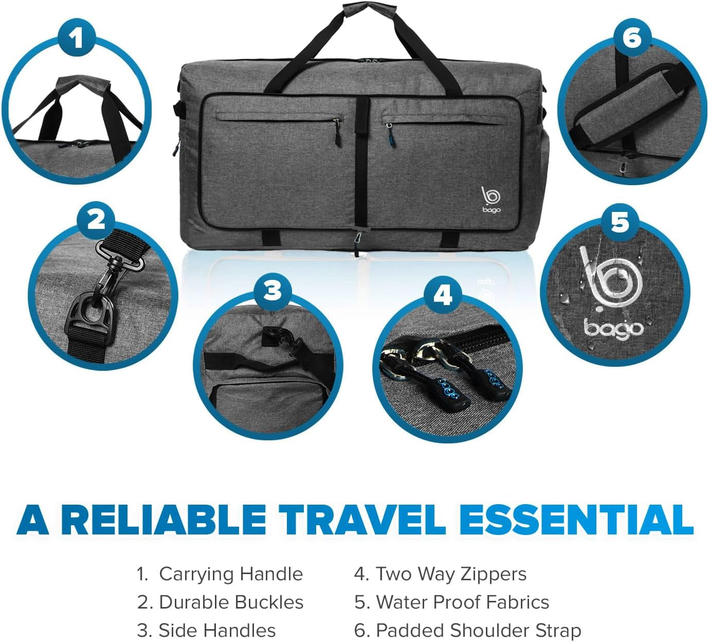 Large Foldable Duffel Bags for Traveling Women & Men - 100L Packable Duffle Bag for Travel with Shoe Compartment - Water Repellant, Heavy Duty, Lightweight Folding & Collapsible (Snowblack)