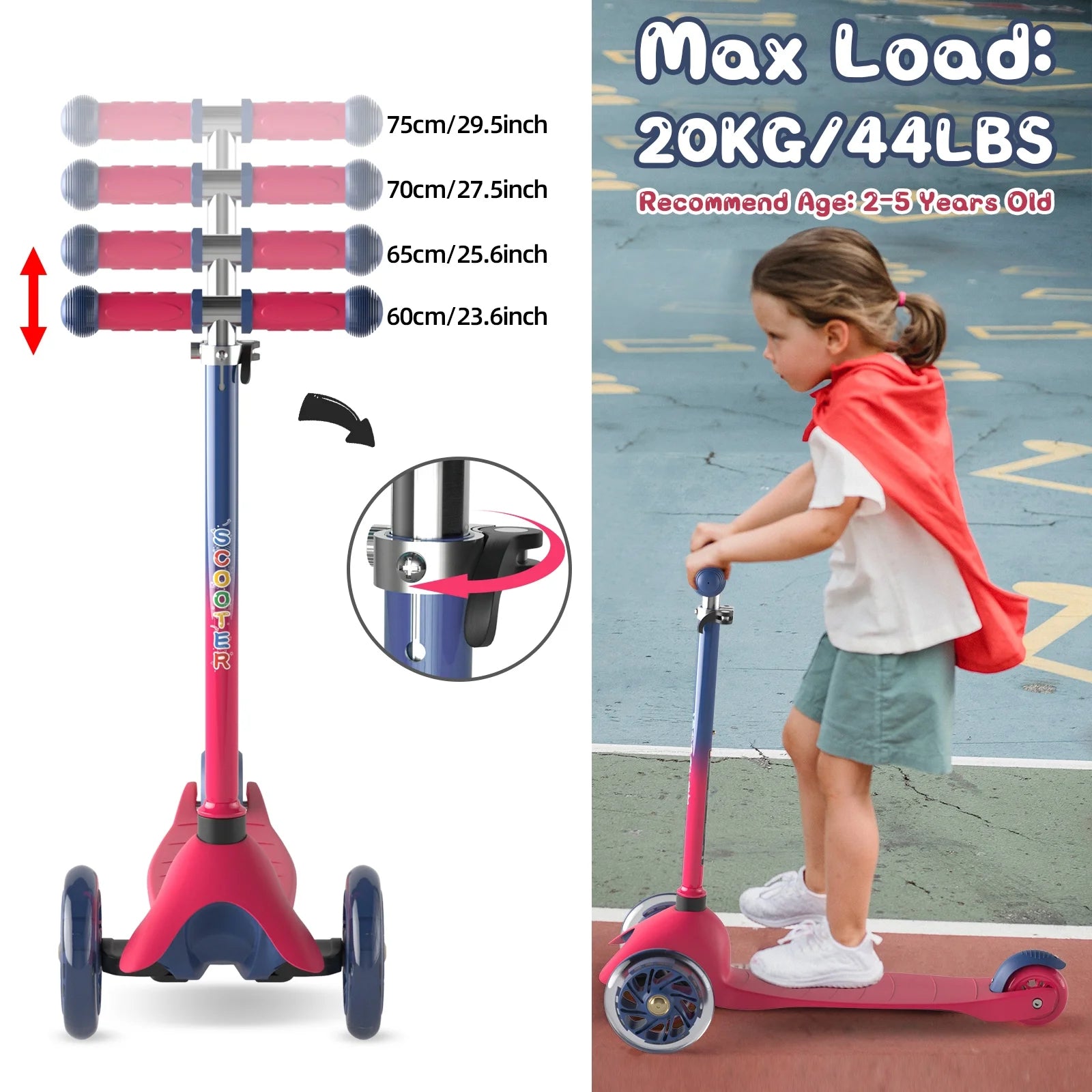 Kids Scooter Kick Scooter 3 Wheel Adjustable Height Light up LED Wheels for Kids Boys Girls Ages 2-5