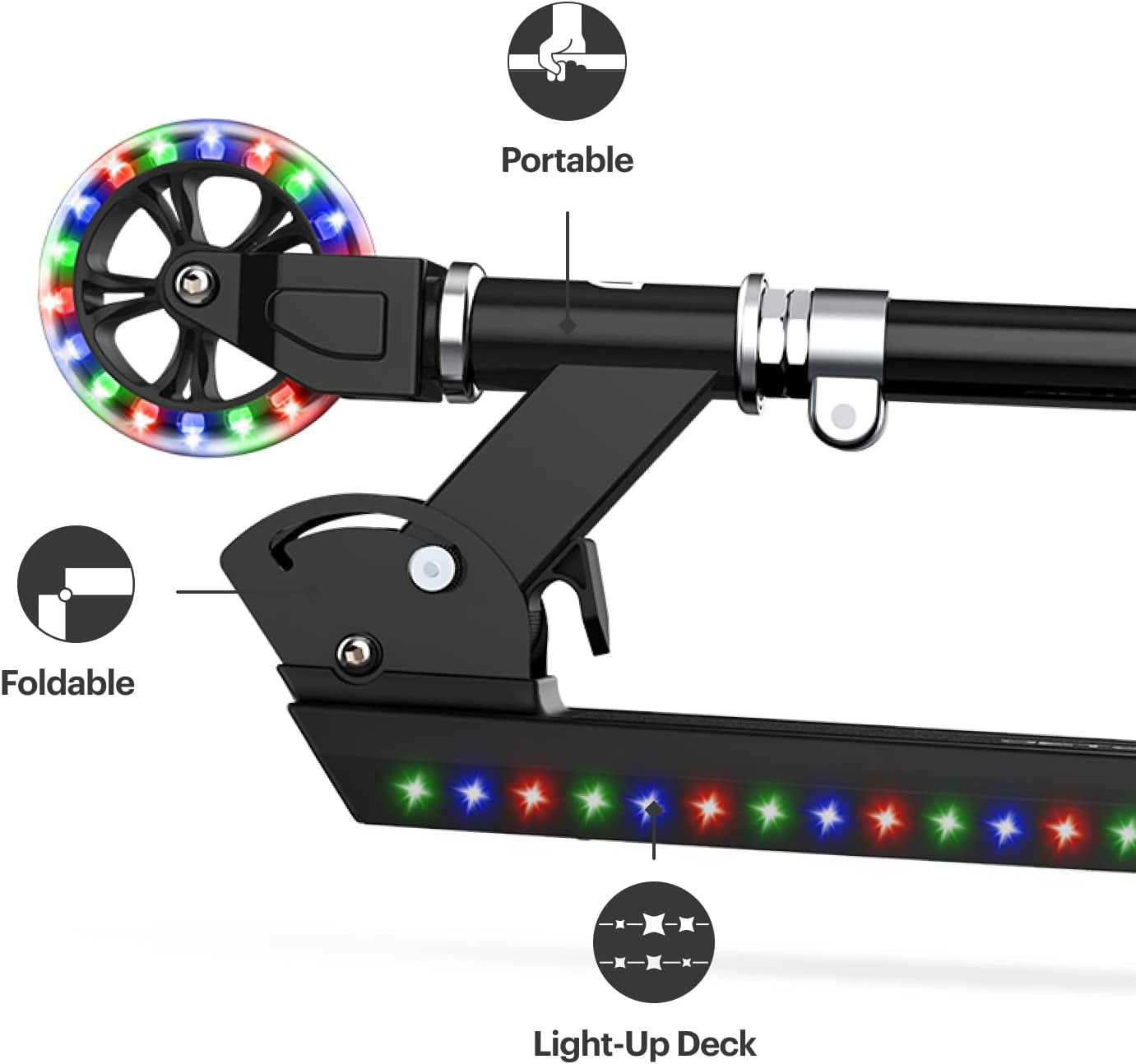 2-Wheel Light-Up Kick Scooter, Light up Deck and Wheels, Height Adjustable Handlebar, Rear Brake, Easy-Folding Mechanism, 4 or 6 Inch Wheels