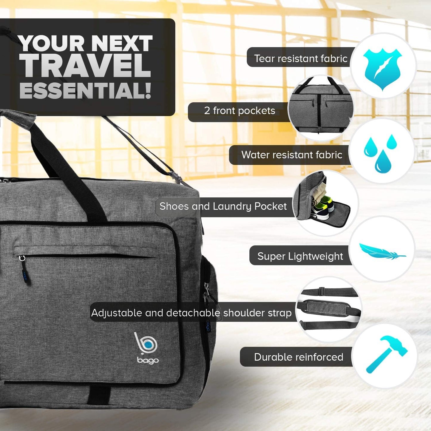 Large Foldable Duffel Bags for Traveling Women & Men - 100L Packable Duffle Bag for Travel with Shoe Compartment - Water Repellant, Heavy Duty, Lightweight Folding & Collapsible (Snowblack)