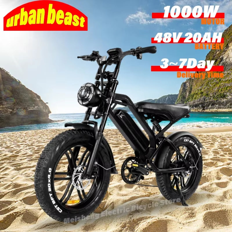 Ebike V20 1000W 48V 20AH Back Seat Fat Tire Electric Bike Beach Cruiser Off-Road Electric Bike Adult Mountain Electric Bike