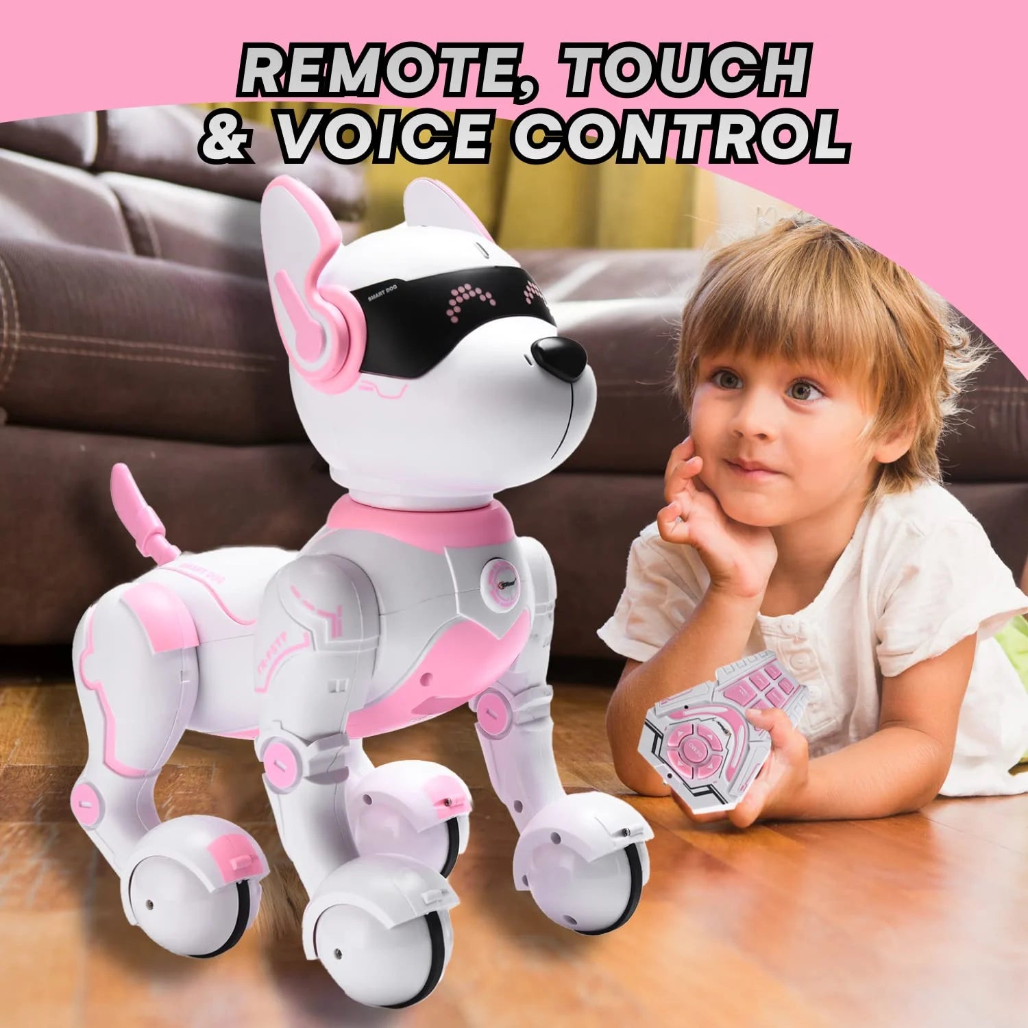 Remote Control Robot Dog Toy Touch Edition - Pink, Voice Control, Kids 3-10Y