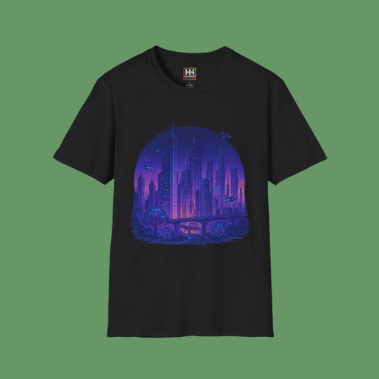 Cityscape Unisex Softstyle T-Shirt | Artistic Urban Design for Everyday Wear