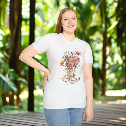 Floral Sneakers T-Shirt, Unisex Softstyle Tee, Boho Casual Shirt, Gift for Nature Lovers, Spring/Fall Fashion