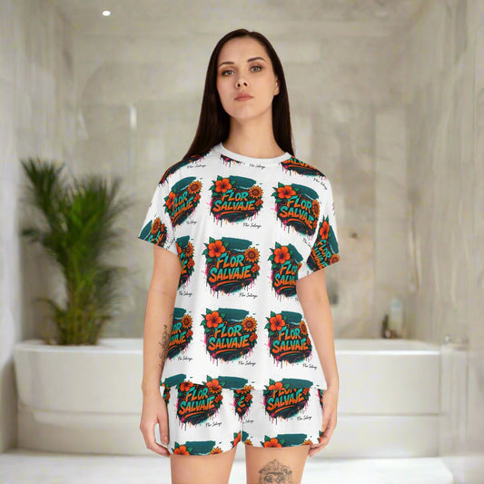 Floral Women's Short Pajama Set - Fun and Comfy Sleepwear for Lazy Days, Casual Nights, Sleepover, Birthday Gift, Relaxation, Self-Care