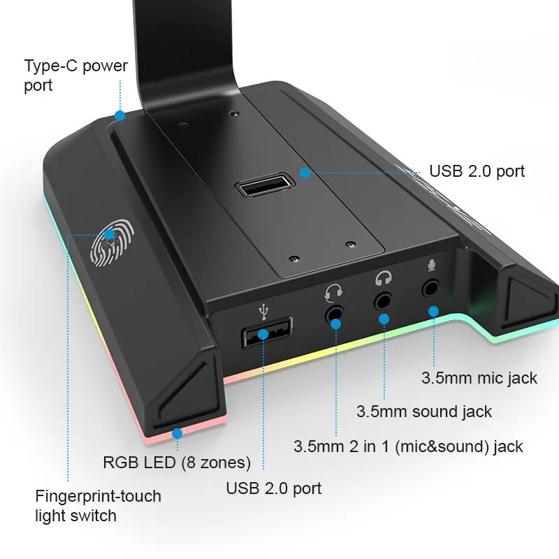 EKSA W1 Gaming Headset stand with 7.1 Surround/2 USB and 3.5mm Ports RGB
