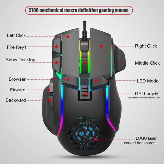 RGB Backlight Mause Gamer 10 Buttons Programming 7200dpi