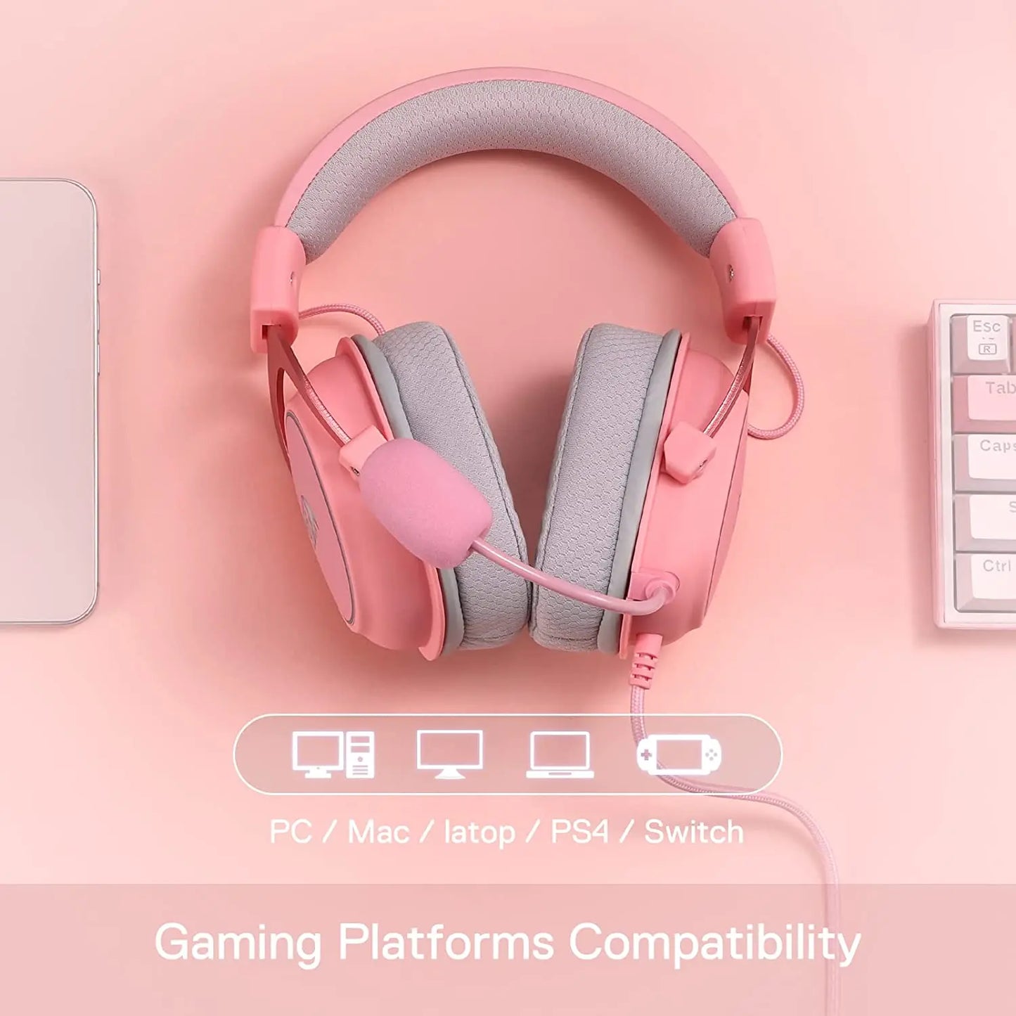 Redragon Pink Earpiece RGB Wired Gaming Headset - 7.1 Surround Sound Multi Platforms