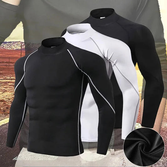 Men Compression Sport T Shirt Long Sleeve Fitness Shirt Man High Collar Bodybuilding Gym Top Quick Dry Football Running T Shirts