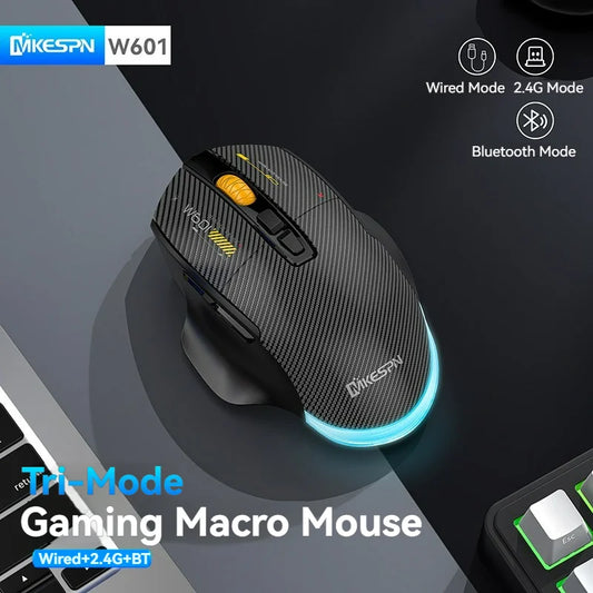2.4G Wireless Bluetooth Wired Tri-mode Mouse Mute Button Macro Programming Carbon Fiber Gaming Mouse 500mAh 7 Keys